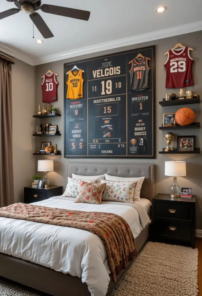 Sports themed accent wall in teenage boy bedroom with jerseys and trophies
