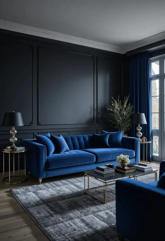 Navy blue velvet sofa against matte black wall with silver accents grey rug sophisticated living room