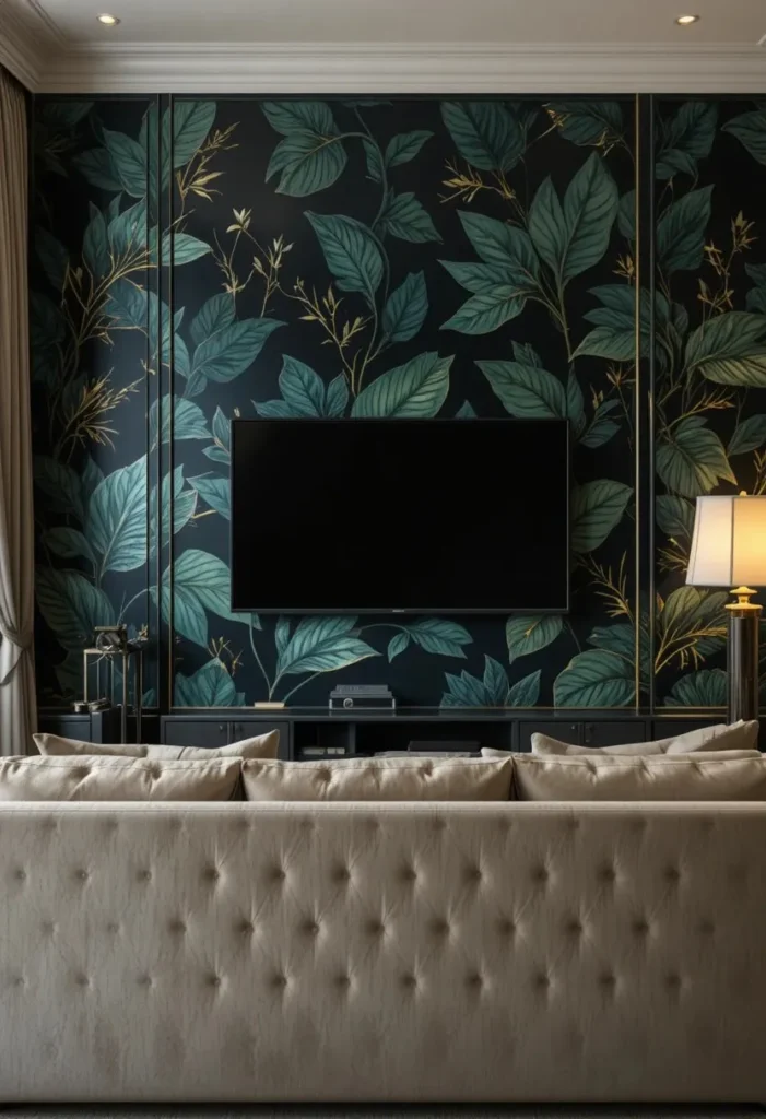 Bold dark botanical wallpaper accent wall behind TV in an elegant modern living room