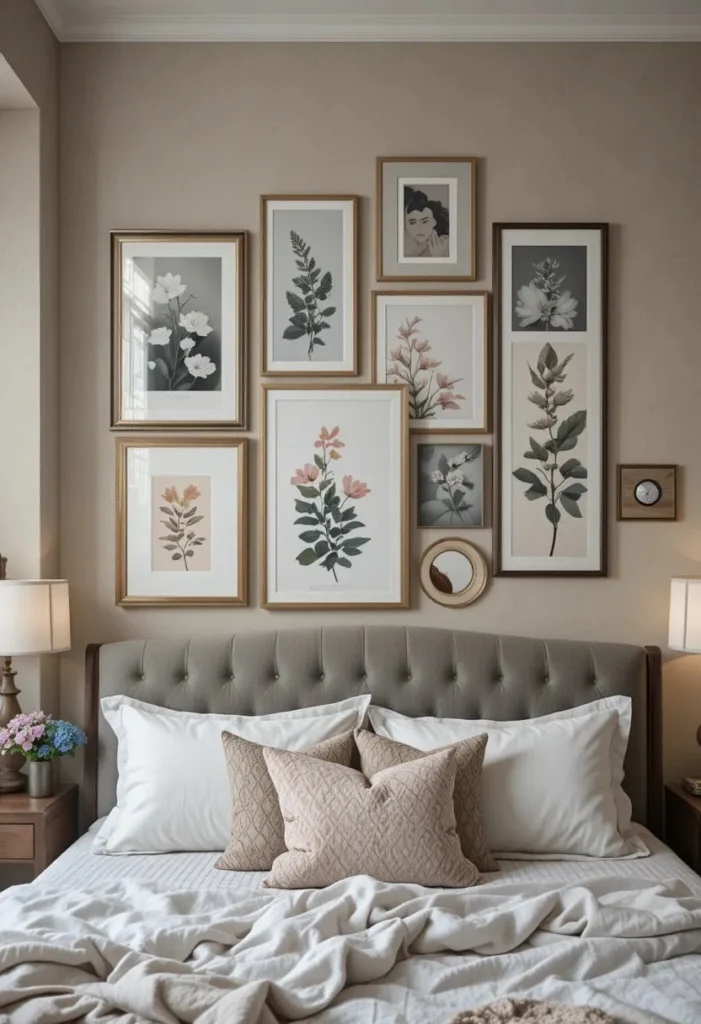 bedroom gallery wall ideas above bed with mixed prints and frames
