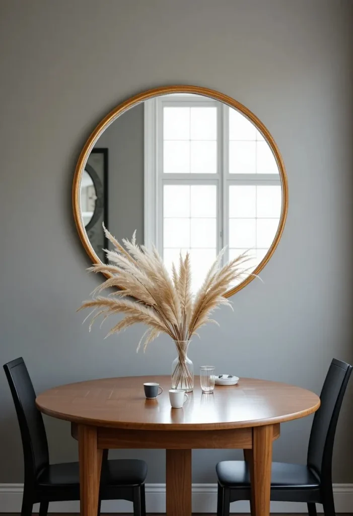 Large gold-framed mirror in a small dining room reflecting natural light above a wooden table with dried pampas grass decor.
