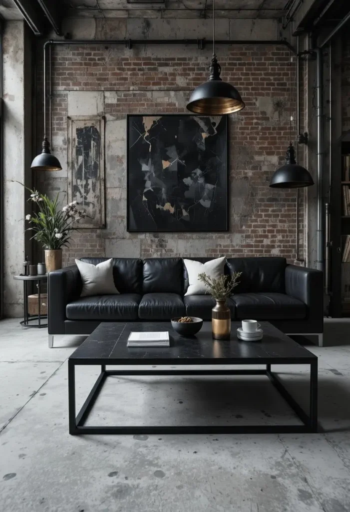 Black living room industrial steel coffee table pipe shelving metal pendant lights dark leather sofa