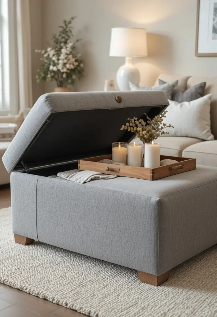 Tiny living room with a grey fabric storage ottoman doubling as a coffee table with hidden storage inside showing smart multifunctional furniture for small apartment spaces.
