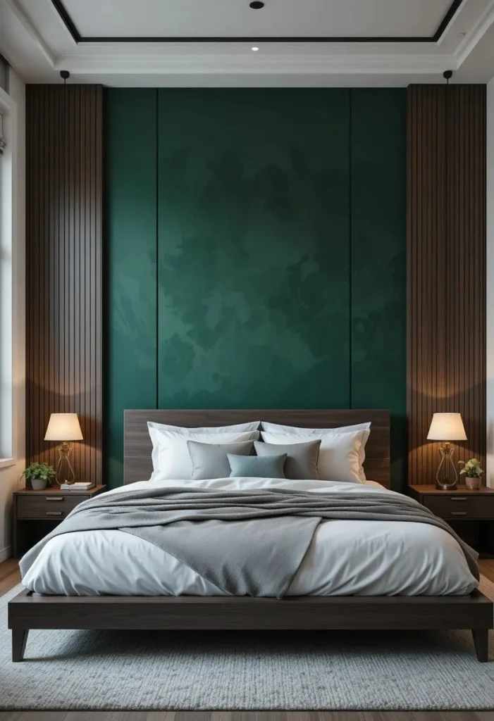 Men bedroom with bold forest green accent wall behind bed and neutral white walls
