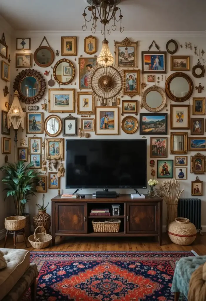 Eclectic vintage gallery wall with mirrors art and woven decor surrounding a TV in a boho living room
