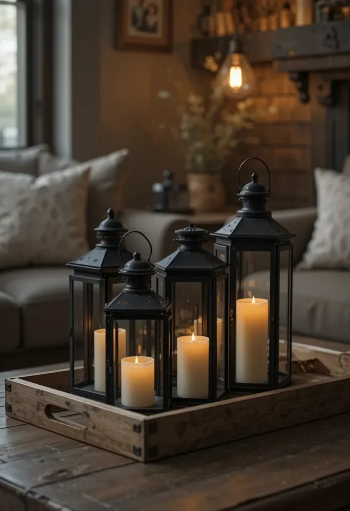 Farmhouse living room with vintage black metal lanterns warm candle glow and cozy amber Edison bulb lighting
