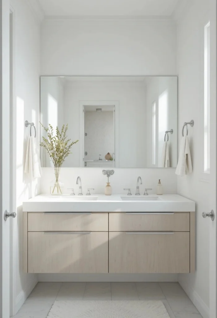 Large frameless mirror above vanity in small full bathroom reflecting light and making space feel bigger