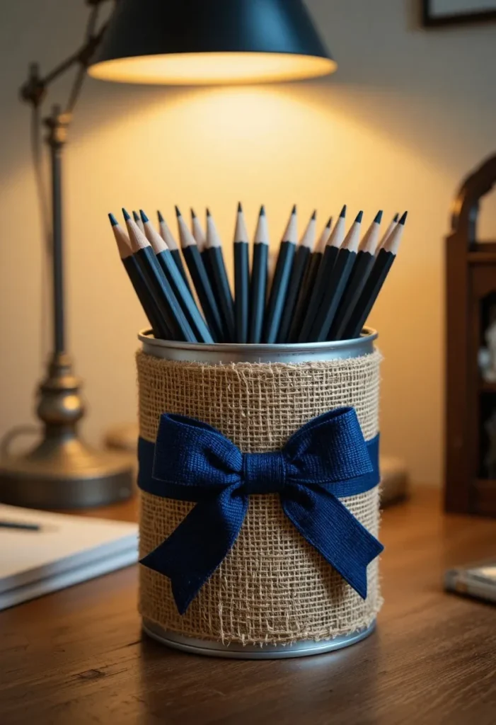 Tin can pencil holder fathers day craft for kids wrapped in burlap with navy bow on wooden desk
