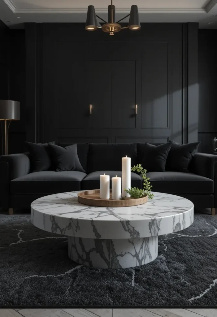 Black living room with round white marble coffee table wooden tray candles dark velvet sofa and pendant light