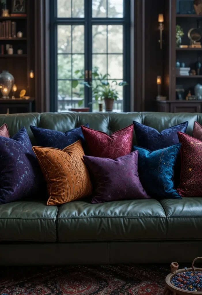 Green leather sofa styled with jewel toned throw pillows in sapphire blue burgundy and amber for a rich cozy look