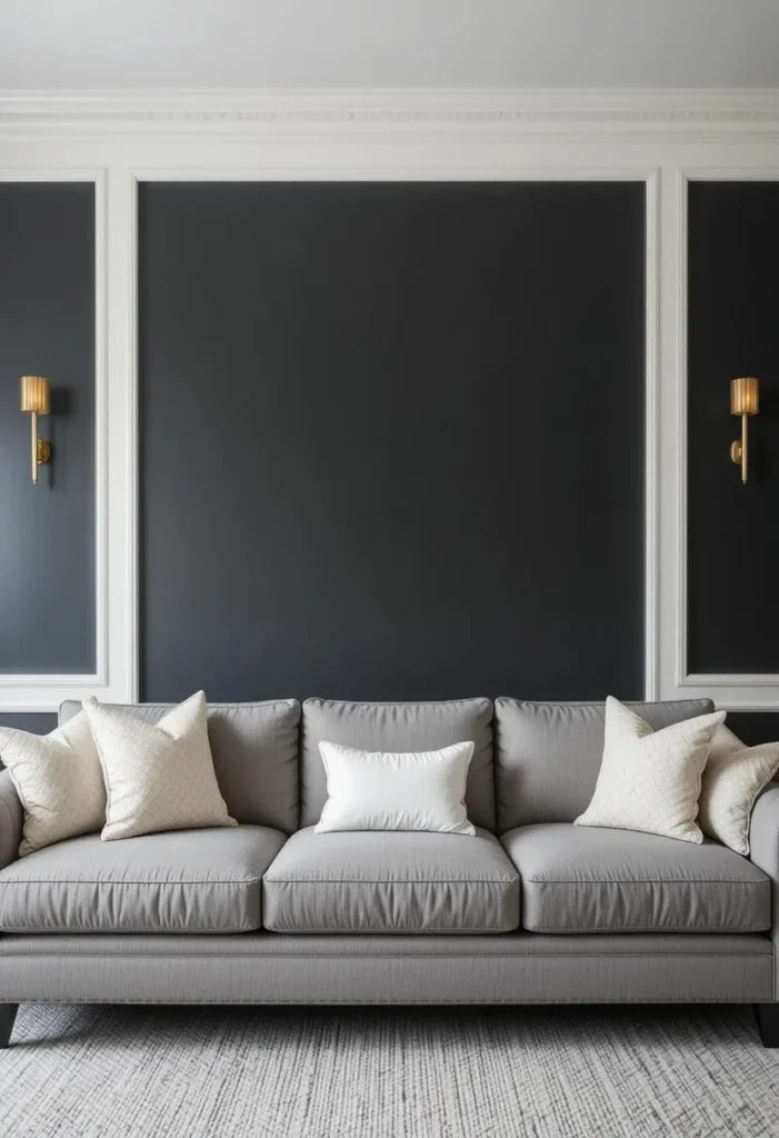 Grey couch against charcoal accent wall with brass sconces cream cushions and matte dark paint contrast