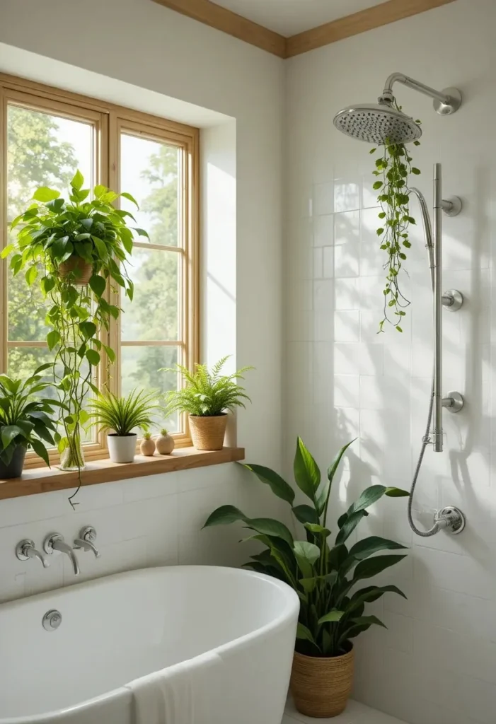 Green plants including pothos fern and eucalyptus styled in a spa like bathroom with white walls and wood accents