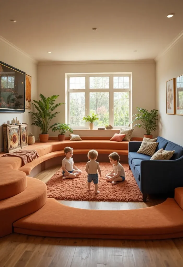 Kid friendly sunken living room with cushioned safe step edges soft rugs and durable navy family sofas
