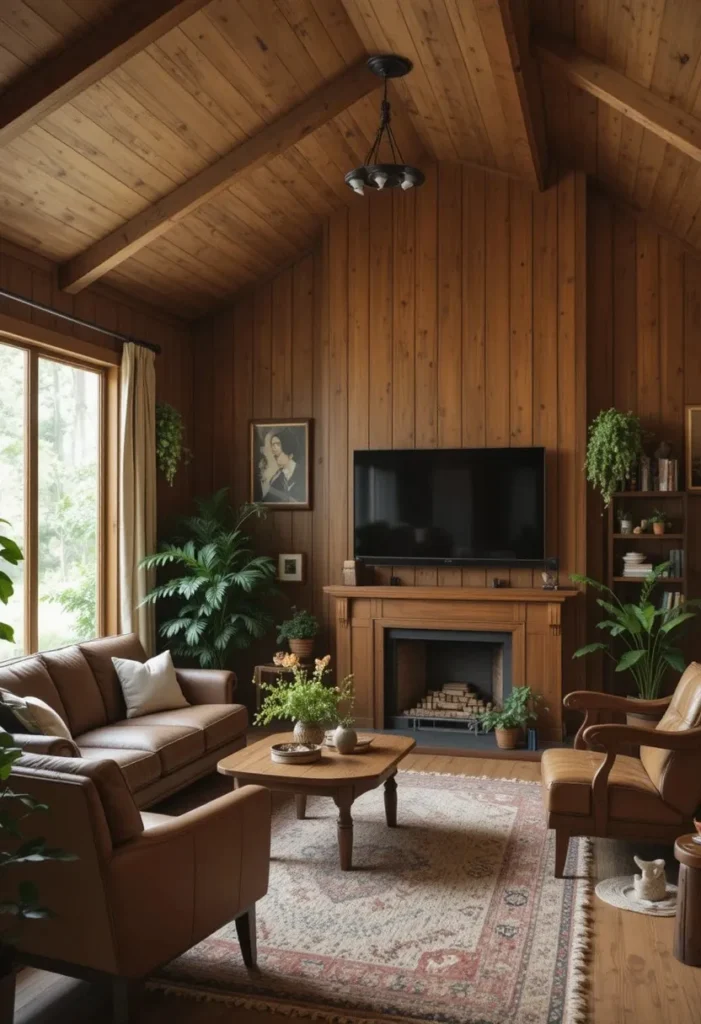 Wood paneled wall in a warm 70s style living room