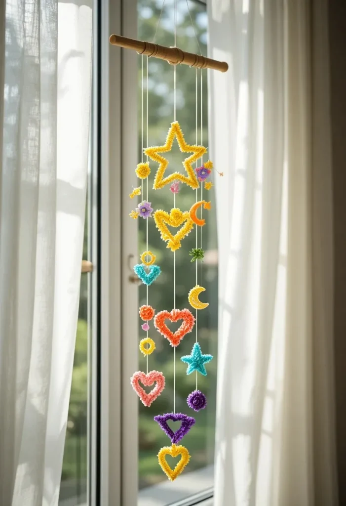  Colorful handmade pipe cleaner wind chime with star spiral heart and moon shapes in turquoise yellow and coral hanging in a bright sunny window.