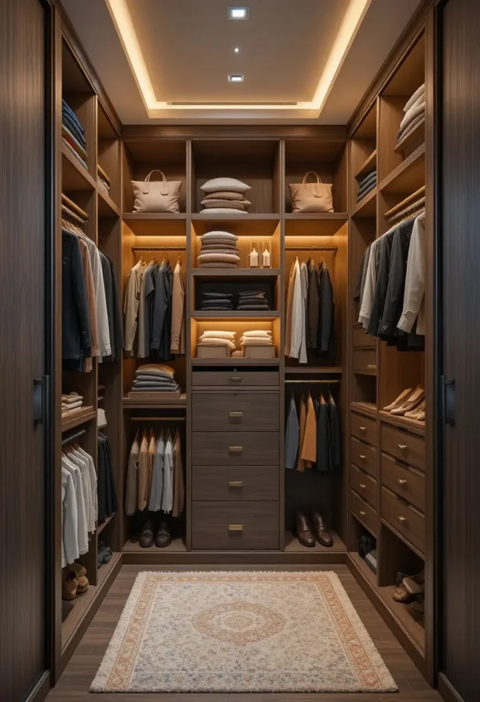 Wardrobe interior illuminated with warm LED lighting for better visibility