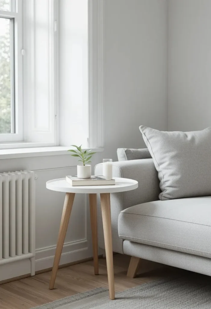 A white minimalist Scandi side table with wood legs beside a grey sofa styled with just a plant candle and book in a bright room.