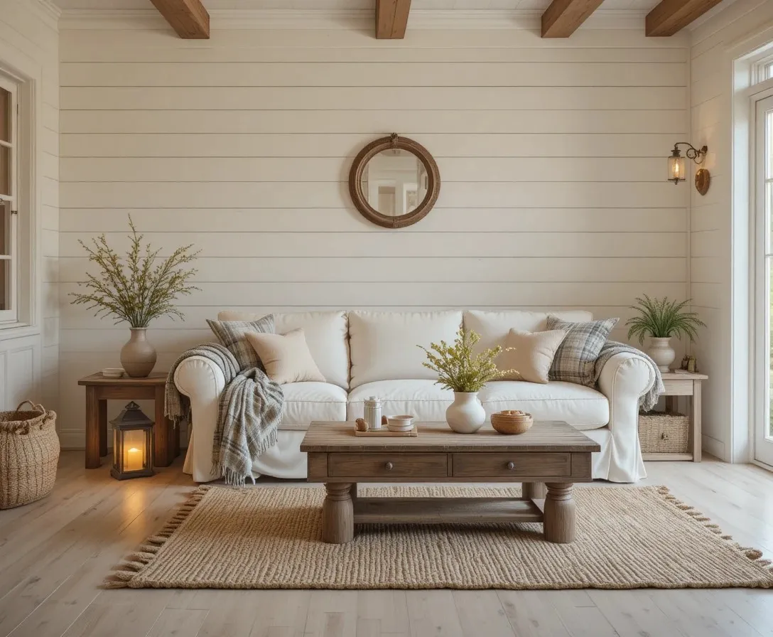 Farmhouse living room ideas with cozy white shiplap walls cream linen sofa and warm golden lighting