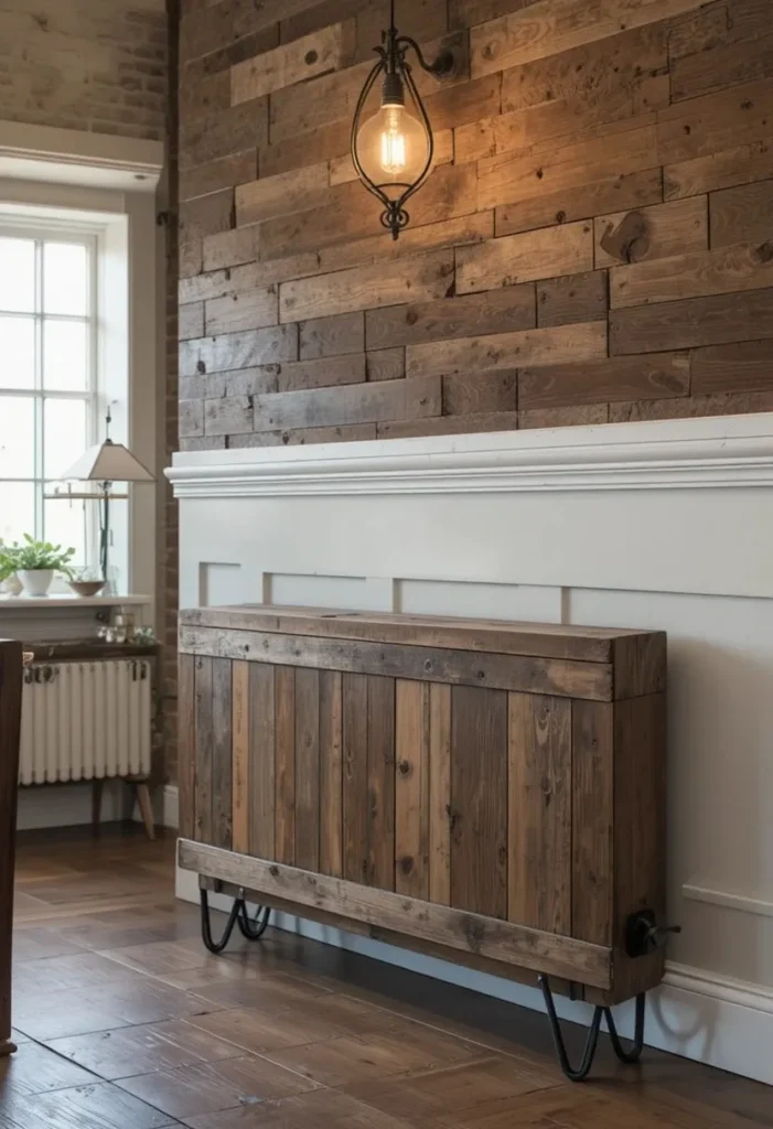 Rustic reclaimed wood radiator cover with natural grain texture and black iron legs in a farmhouse style room

