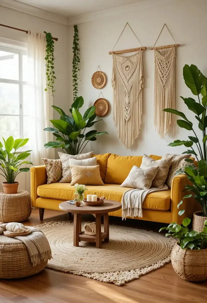 Boho yellow living room with natural textures and lush greenery.
