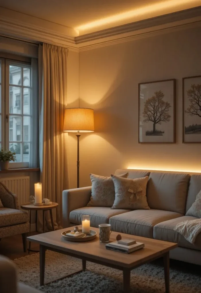 Cozy tiny living room with layered warm golden lighting from floor lamp table lamps and LED strips creating an inviting and atmospheric small apartment living space.
