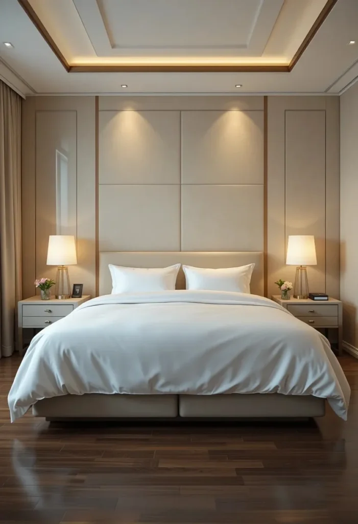 Luxury hotel style men bedroom with white bedding clean surfaces and warm lighting

