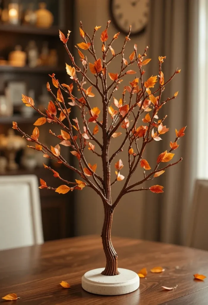  Handmade brown pipe cleaner seasonal tree centerpiece with tiny autumn leaves in orange red and gold on a styled console table in warm indoor light.
