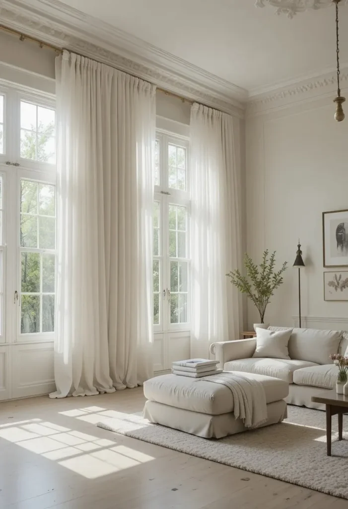 Floor to ceiling white linen curtains hung high making living room feel tall and luxurious
