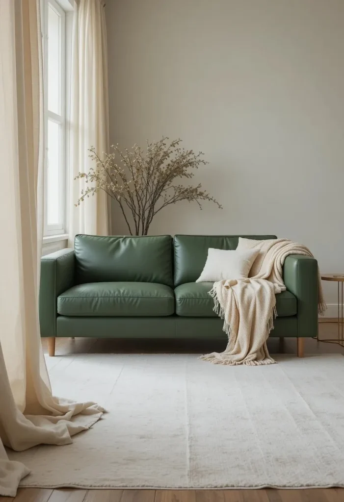 Green leather couch with neutral linen curtains cream cushions and white knit throw for a calm refined living room look