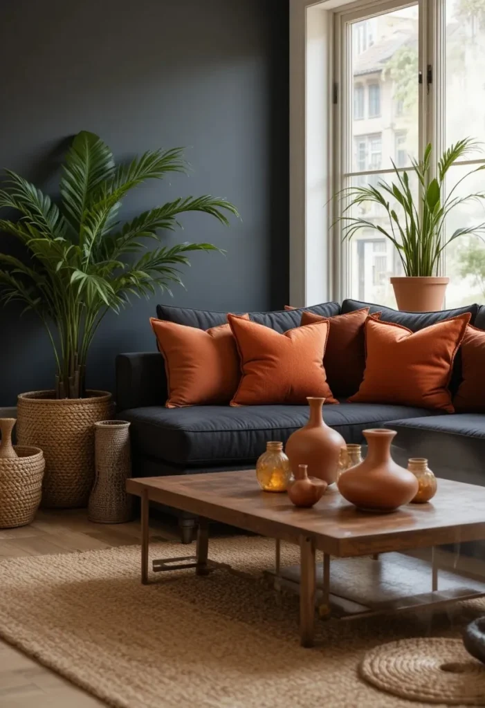 Black living room with terracotta cushions burnt orange ceramic vases rattan baskets and green plants