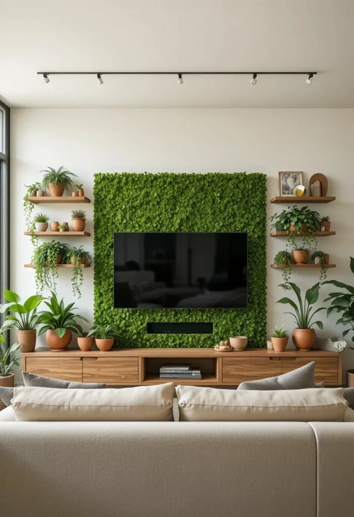 Nature inspired TV wall with trailing plants moss panel and floating shelves beside mounted TV in a fresh calming living room
