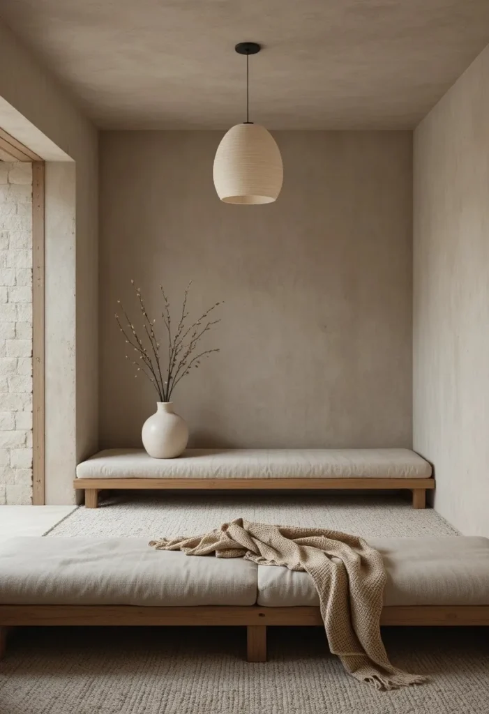 Japandi style sunken living room with low timber seating neutral tones ceramic vase and soft paper pendant light