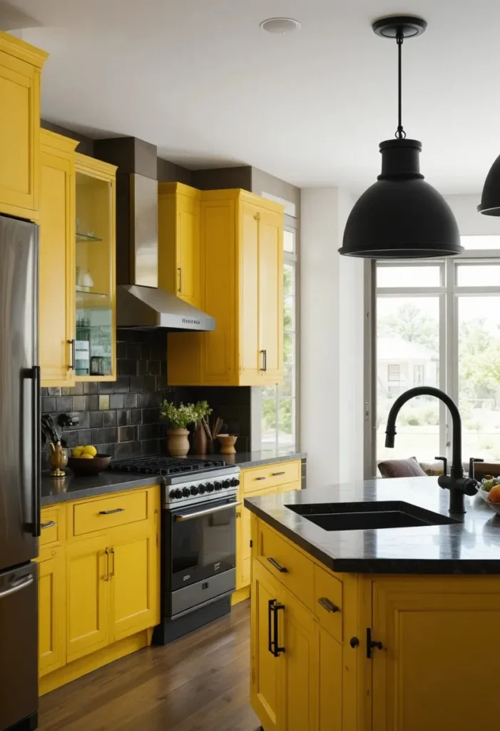 Yellow kitchen with black accents in a bold modern industrial interior.