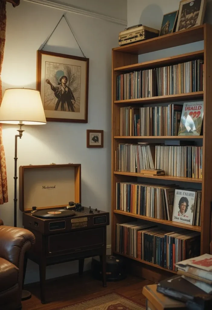 Vintage record player corner in a 70s living room