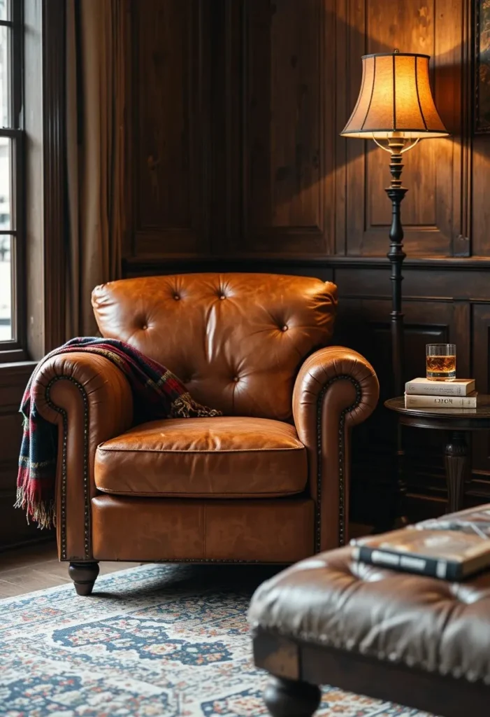 : "Cognac leather club accent chair with plaid throw in a warm cozy living room reading corner"
