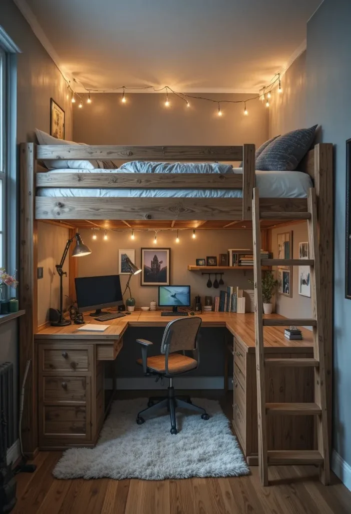 Loft bed with study desk underneath in small teenage boy bedroom
