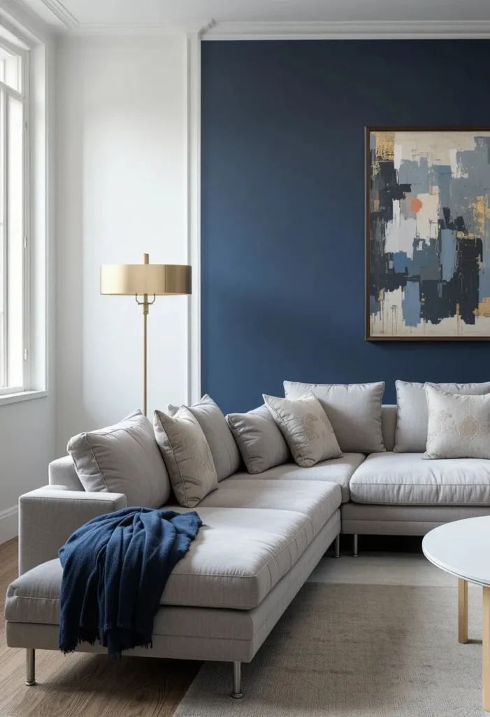 Deep navy accent wall behind grey sofa with gold artwork in modern bold living room