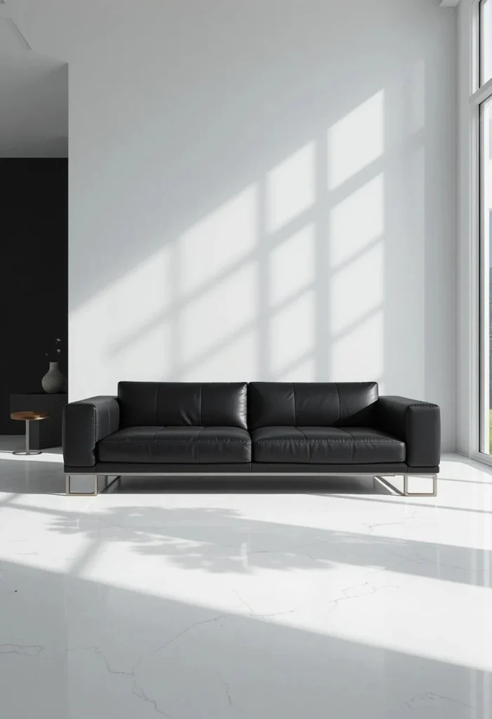 Black couch living room with crisp white walls for contrast
