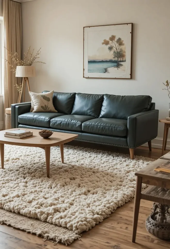 Green leather couch on a neutral jute wool rug with warm beige tones creating a cozy layered living room