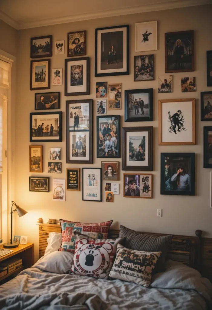 Gallery wall of photos and memories in a teen bedroom
