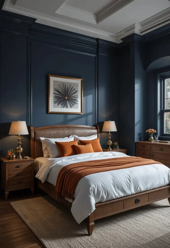 Men bedroom with cohesive navy blue walls walnut wood and burnt orange accent colors
