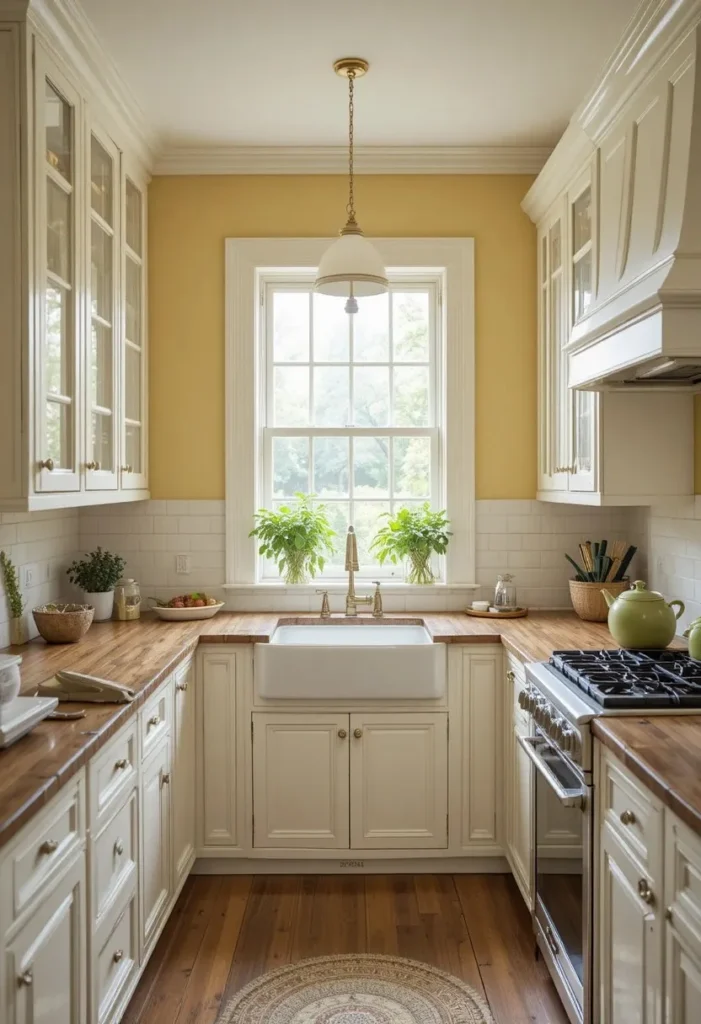 Yellow and white classic kitchen with farmhouse style decor and natural light.
