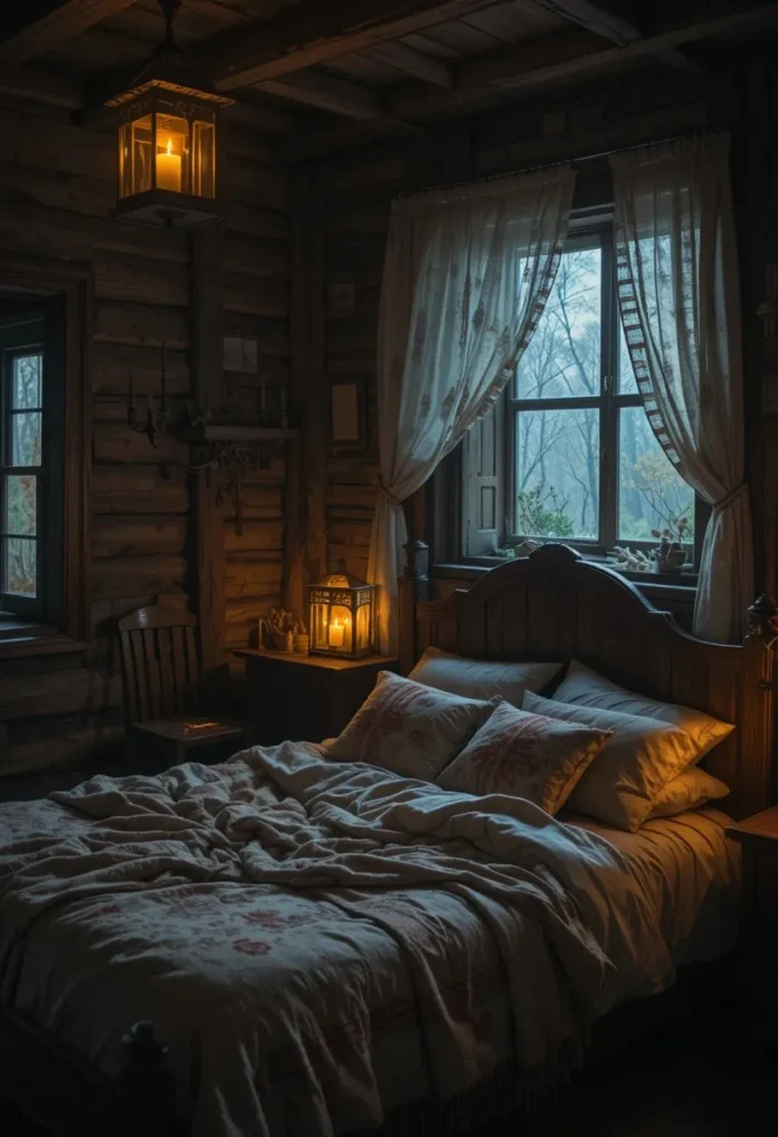 Cozy western bedroom lit by candle lanterns at night

