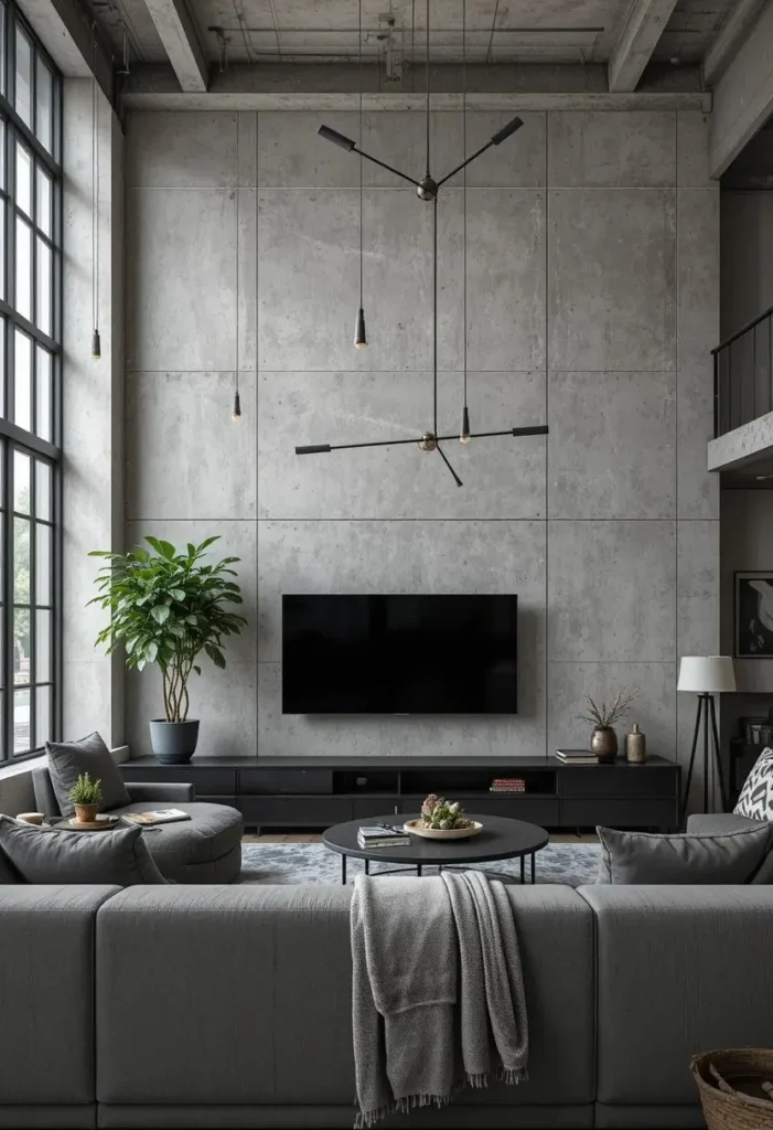 Concrete effect wall panels creating a sleek industrial-style interior.