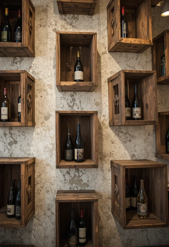 Vintage wooden crate wall wine rack creating a rustic wine cellar-inspired display.
