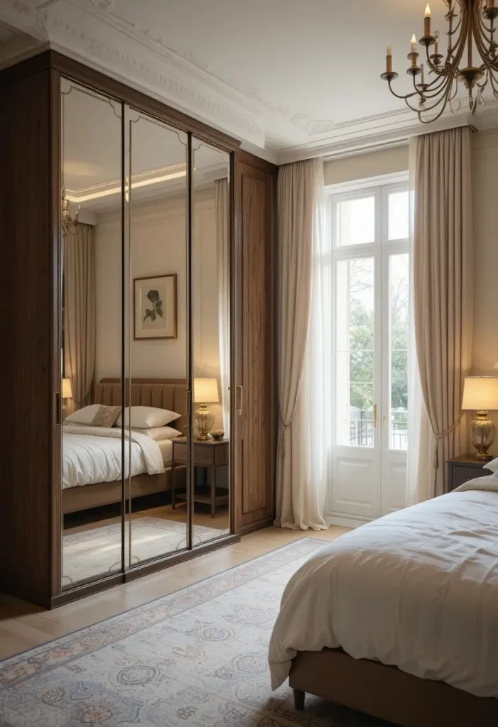 Mirrored wardrobe enhancing brightness and space in bedroom

