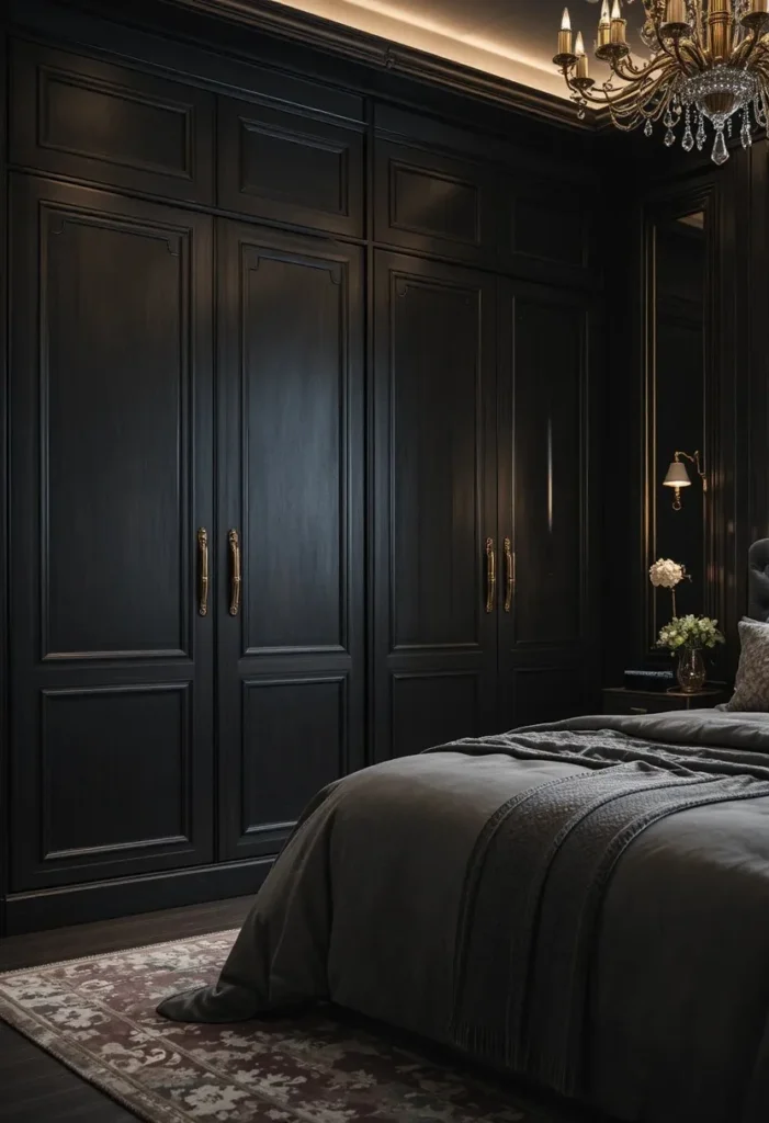 Dark moody wardrobe creating a luxurious and dramatic bedroom look
