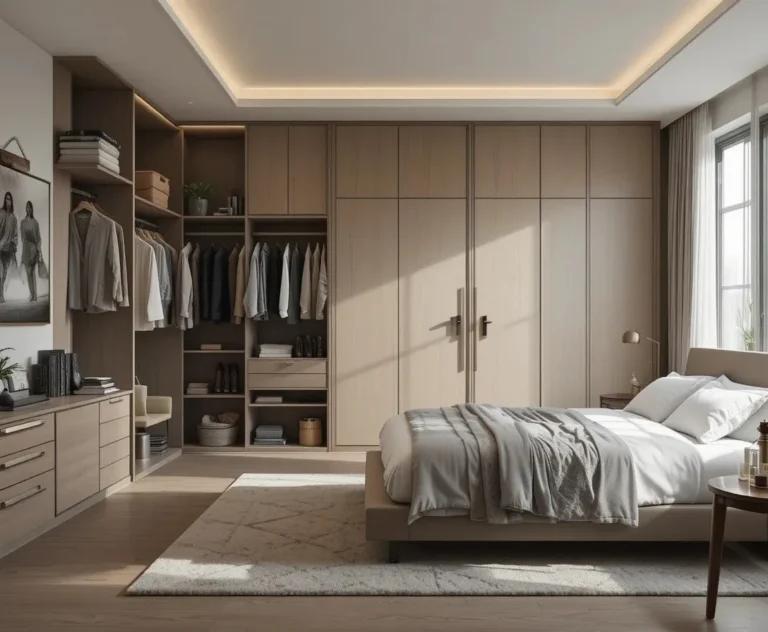 Modern bedroom featuring a stylish built-in wardrobe with warm lighting and minimalist décor