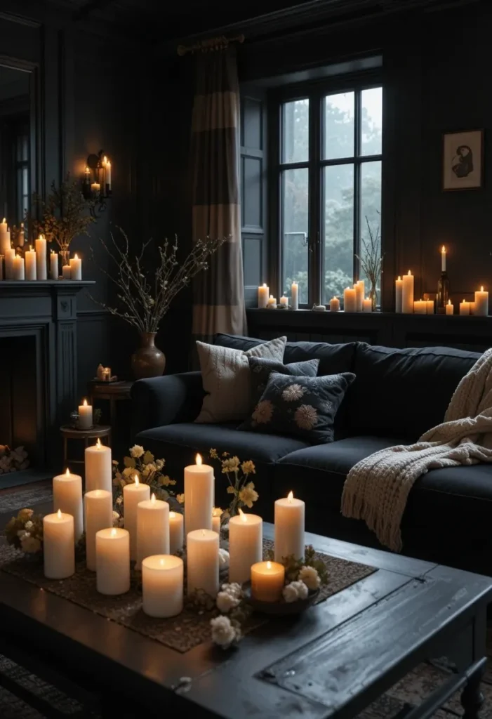 Moody black living room with clustered pillar candles charcoal velvet sofa and warm amber glow
