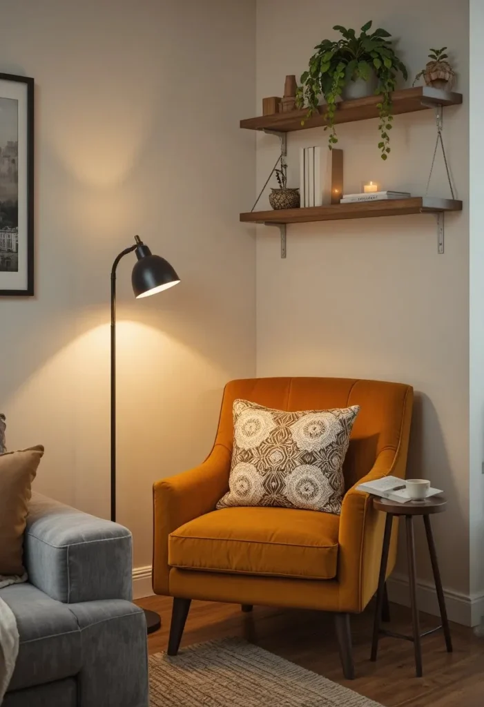 : Cozy reading nook in a tiny apartment living room corner with a mustard velvet chair floor lamp and floating shelf turning an awkward corner into the coziest spot in the home.
